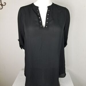 Decree Basic Black Roll-Tab‎ Sleeve Sheer Blouse